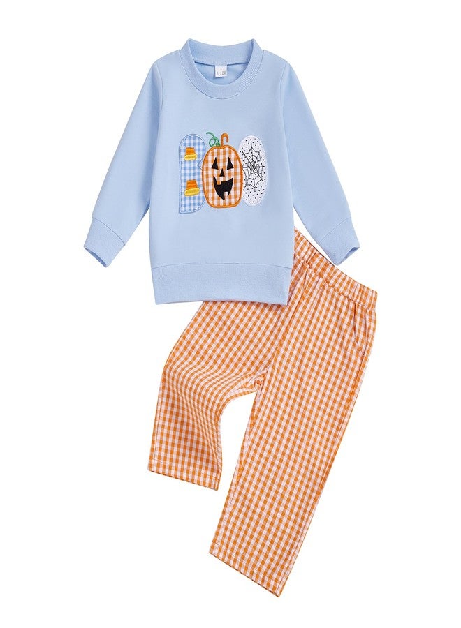 Mieeyali Toddler Baby Boy Halloween Outfits Pumpkin Sweatshirt Pullover Tops Shirt Gingham Pants Set Fall Clothes (Blue, 6-12 Months) - Image 1